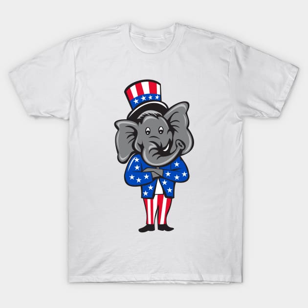 Republican Elephant Mascot Arms Crossed Standing Cartoon T-Shirt by retrovectors